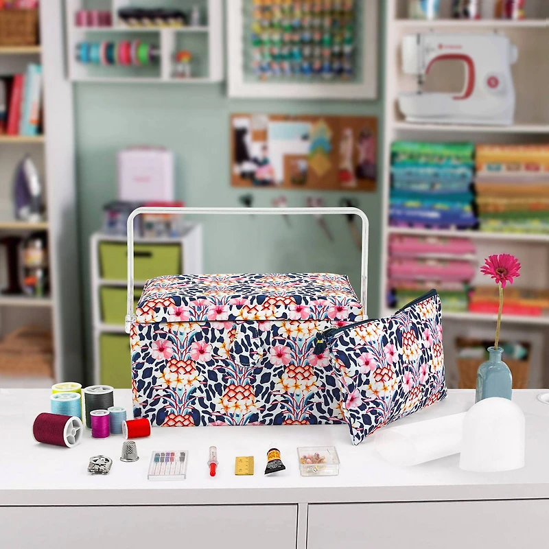 SINGER® Large Tropical Animal Print Premium Sewing Basket with Travel Sewing Kit