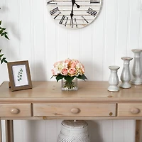 9" Pink Rose & Hydrangea Bouquet Arrangement in Vase