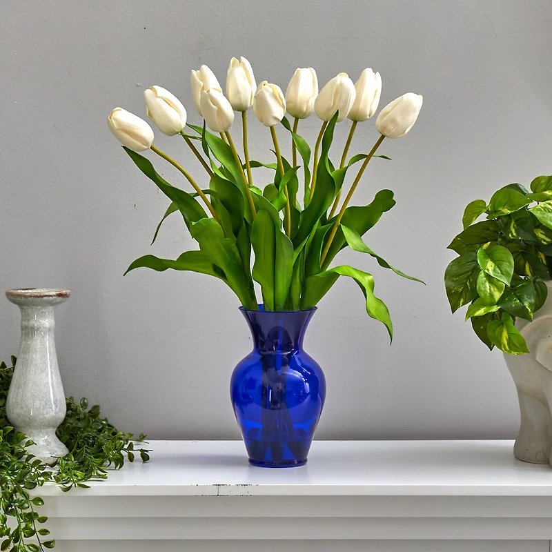 22" White Dutch Tulip Arrangement in Blue Vase