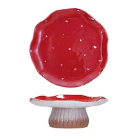 Hello Honey® 10" Red & White Reactive Glaze Round Stoneware Mushroom Pedestal