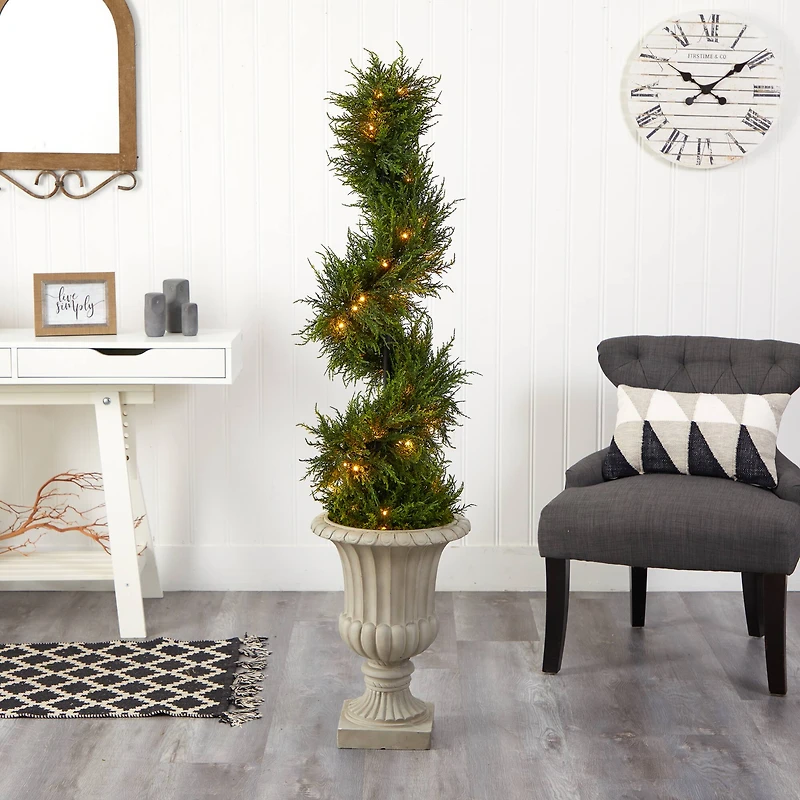 5ft. Pre-Lit Spiral Cypress Artificial Christmas Tree in Sand Finished Urn, Clear LED Lights
