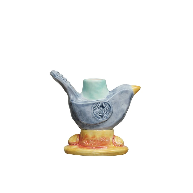 Hello Honey® 6" Yellow & Blue Chirpy Elegance Stoneware Taper Candle Holder