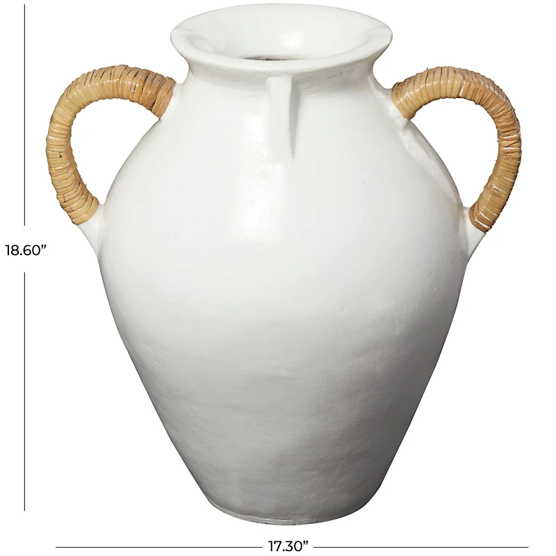19" White Ceramic Jug Inspired Vase with Rattan Wrapped Handles