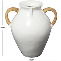 19" White Ceramic Jug Inspired Vase with Rattan Wrapped Handles