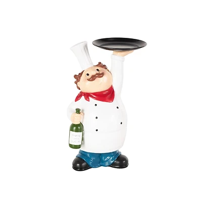 13" White Chef Kitchen Decorative Figurine Decorative Sculpture with Black Tray & Green Bottle