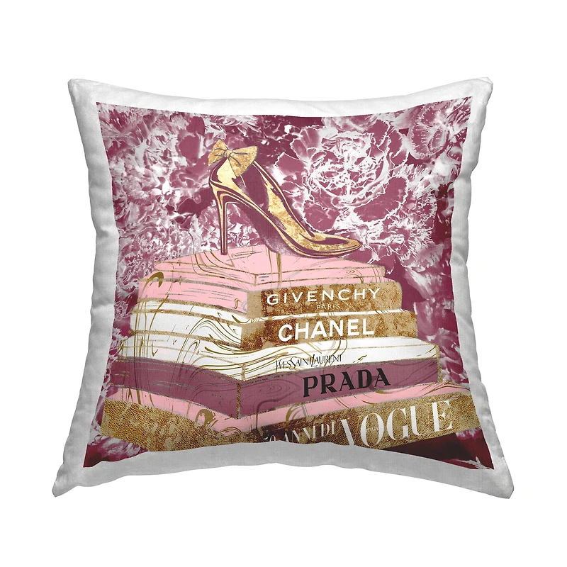 Stupell Industries Pink Glitz Heel on Designer Books Fashion Glam Floral Throw Pillow 18" x 18"