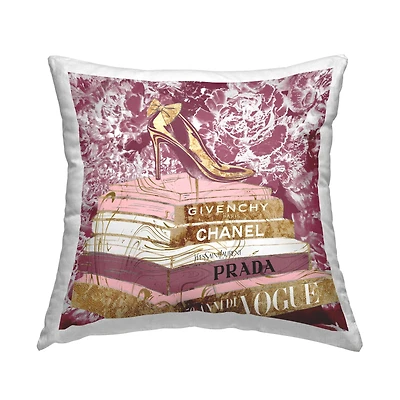 Stupell Industries Pink Glitz Heel on Designer Books Fashion Glam Floral Throw Pillow 18" x 18"