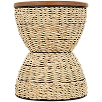 19" Rattan Woven Stool with Wood Tabletop and Black Frame