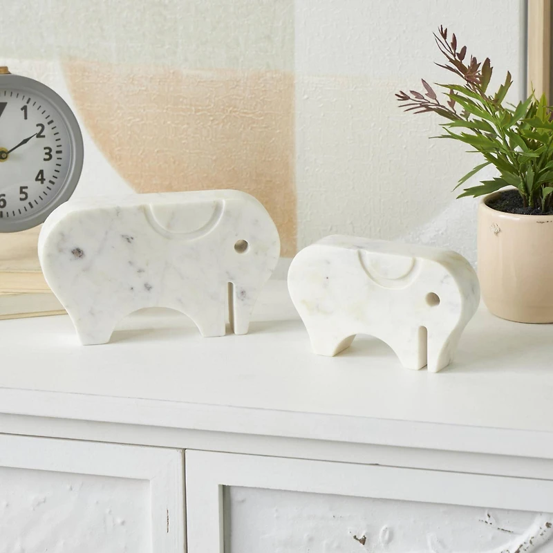 White & Gray Abstract Marble Elephant Sculpture Set