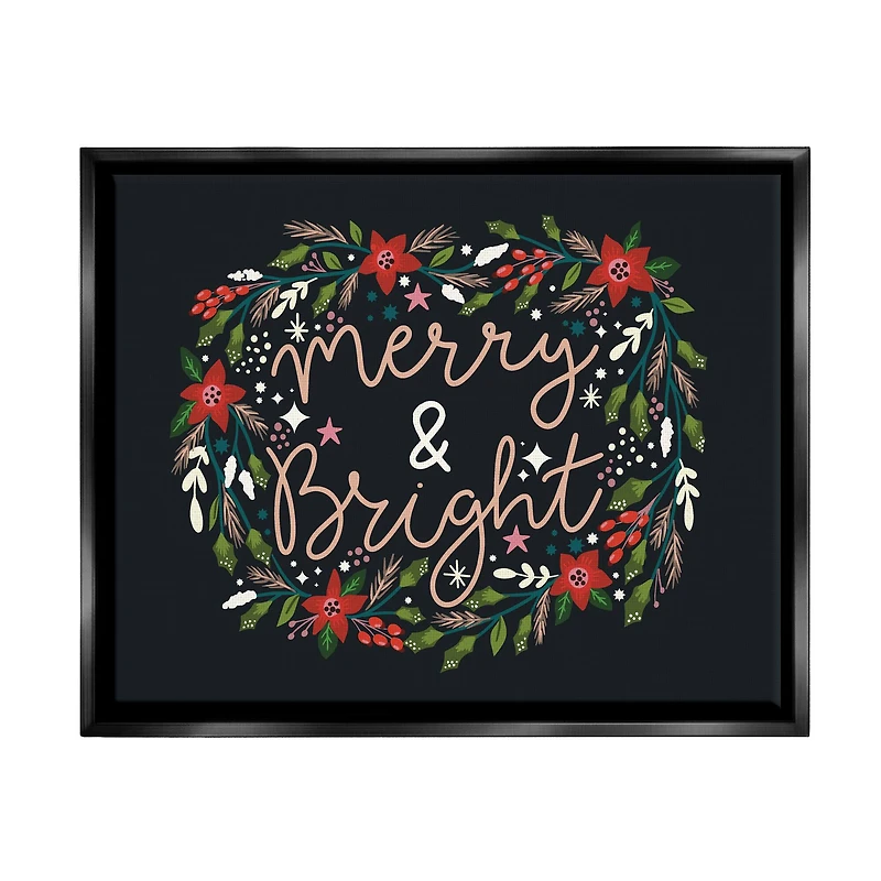 Stupell Industries Merry & Bright Poinsettia Wreath Framed Floater Canvas Wall Art