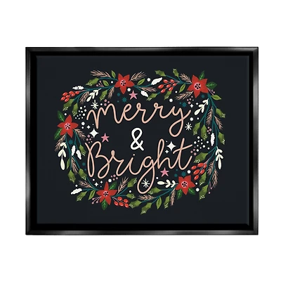 Stupell Industries Merry & Bright Poinsettia Wreath Framed Floater Canvas Wall Art