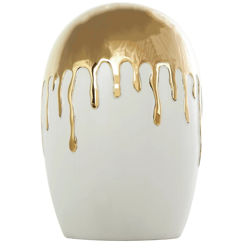 CosmoLiving by Cosmopolitan 13" White Ceramic Vase with Abstract Gold Melting Drips