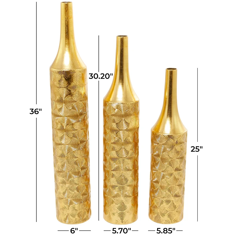Gold Metal Tall Distressed Metallic Vase with Etched Swirl Patterns Set of 3 36", 30", 25"