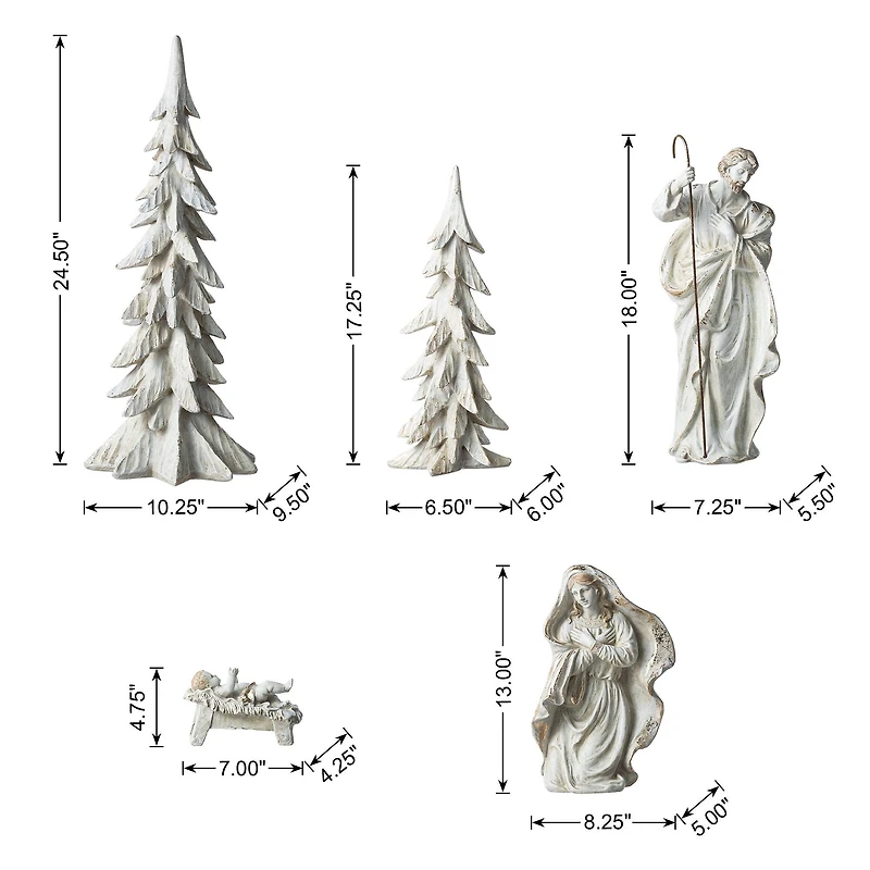 Glitzhome® 5-Piece White & Gold Resin Holy Family with Christmas Trees Set