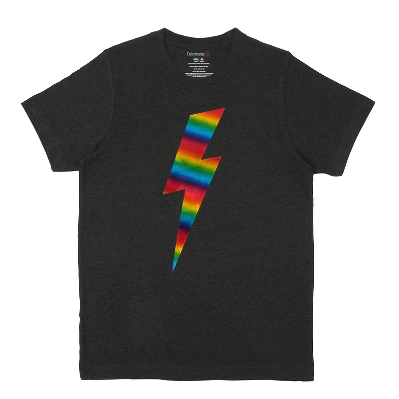Pride Charcoal Rainbow Lightning Bolt Adult Crew Neck T-Shirt by Celebrate It