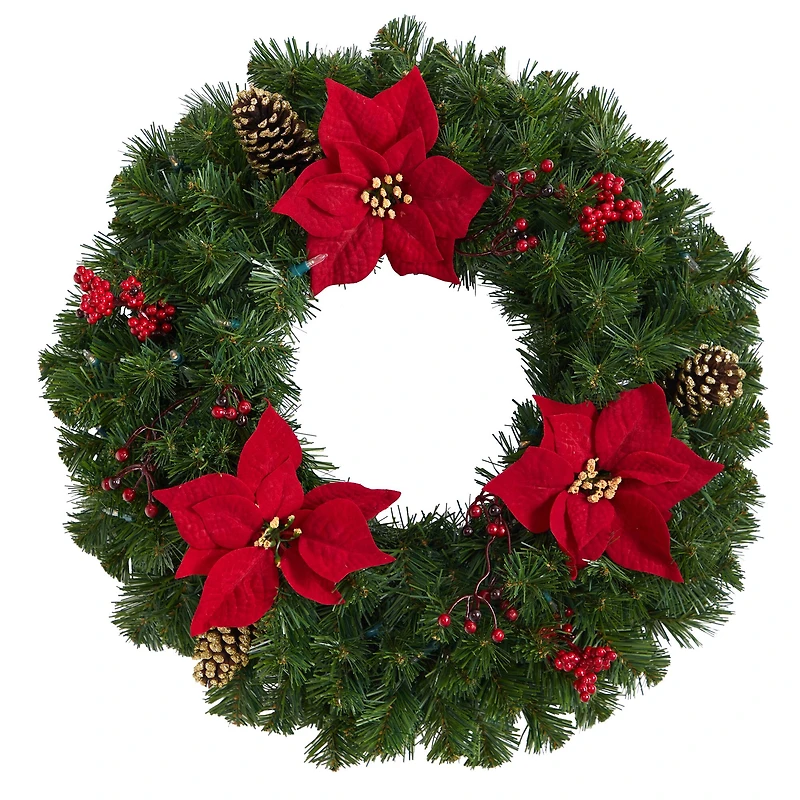 24" White LED Lights Poinsettia, Berry & Pinecone Artificial Wreath