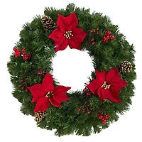 24" White LED Lights Poinsettia, Berry & Pinecone Artificial Wreath