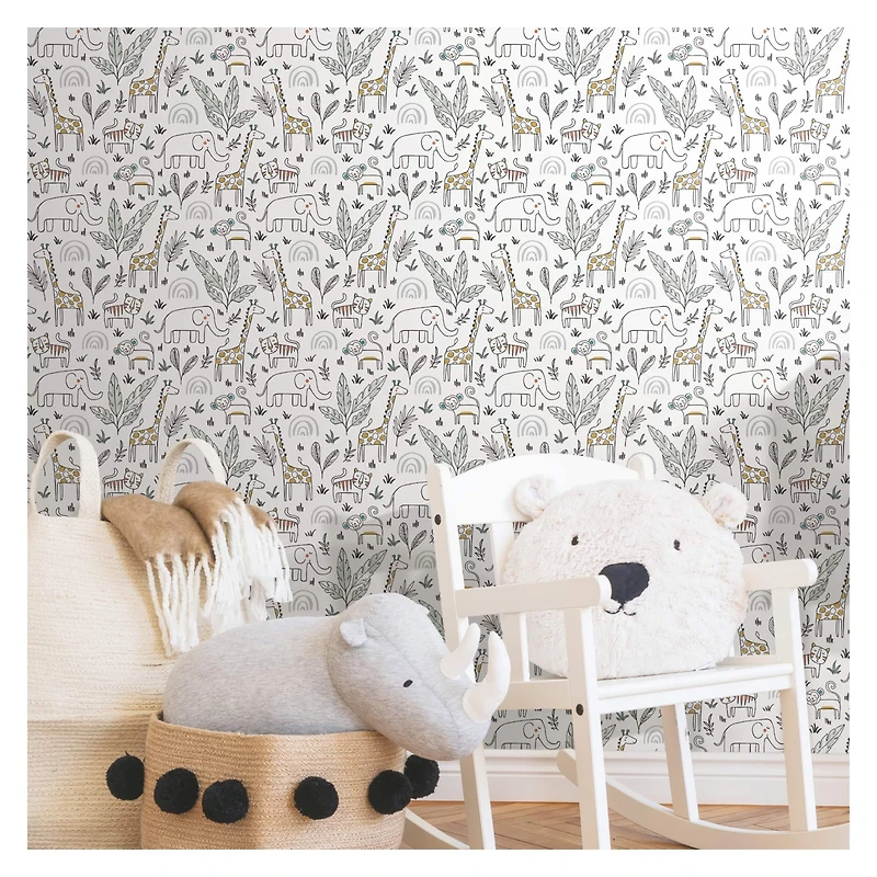 RoomMates White & Yellow Jungle Menagerie Peel & Stick Wallpaper