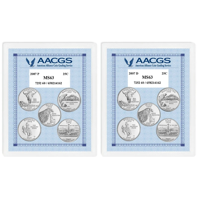 2007P & 2007D Statehood Quarters Graded MS63 Brilliant Uncirculated 