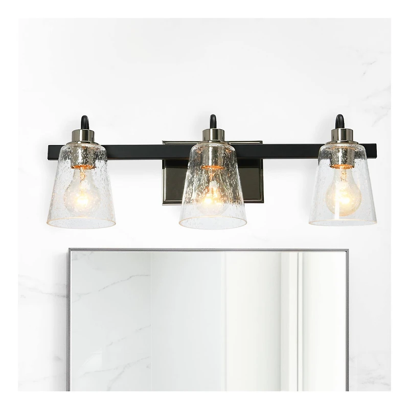 Hello Honey® Robert Stevenson Lighting Jameson Matte Black & Polished Nickel Metal & Seedy Glass 3-Light Vanity Light