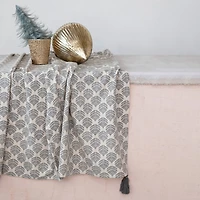 Hello Honey® 84" Gray & Gold Cotton Printed Tablecloth with Leaf Pattern & Tassels