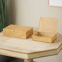 Brown Woven Rattan & Glass Panel Jewelry Box with Chain Accent Set