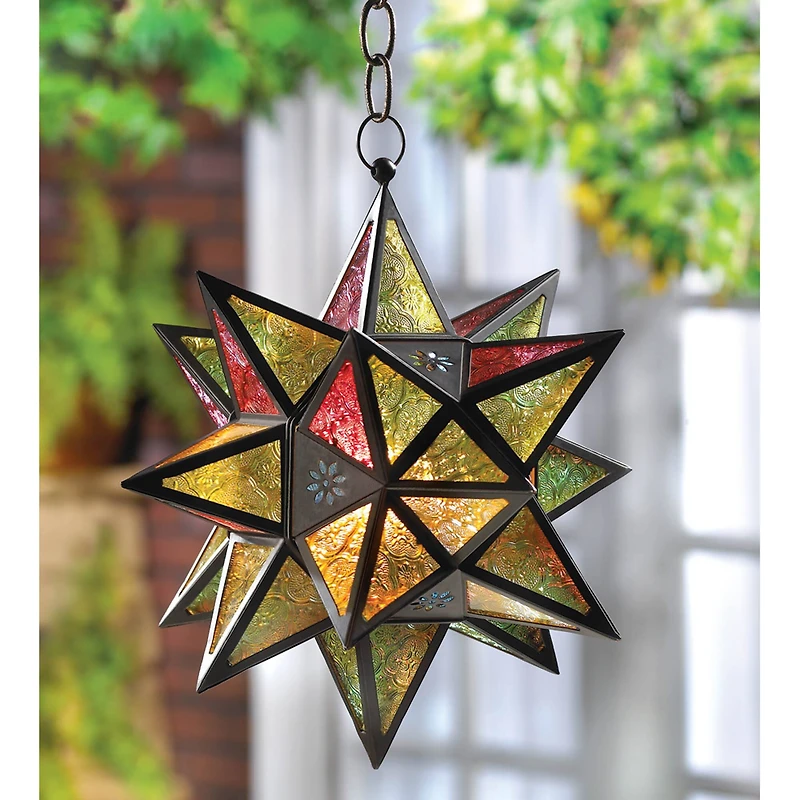 14" Jewel Toned Moroccan Style Hanging Star Candle Lantern