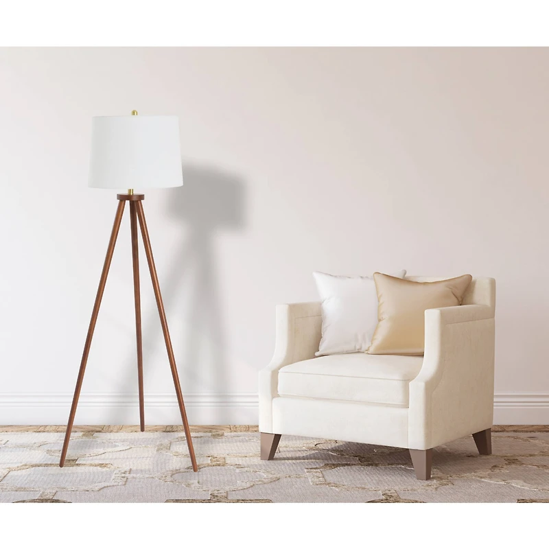 Hello Honey® Mid-Century Modern Tripod Wood Floor Lamp with Linen Shade