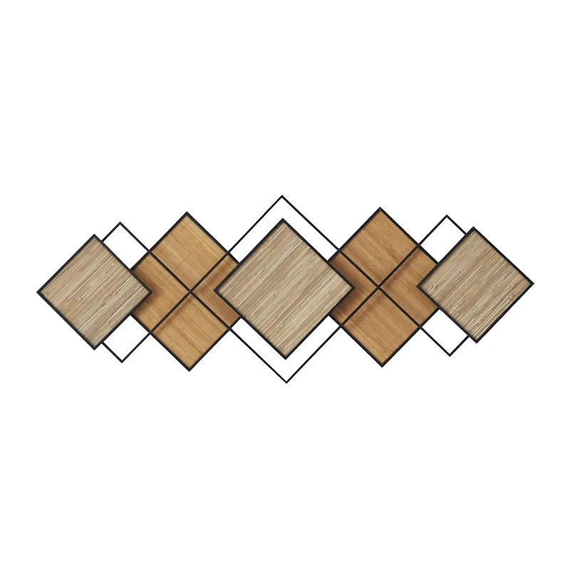 Brown Bamboo Wood Geometric Overlapping Diamond Home Wall Decor with Metal Wire