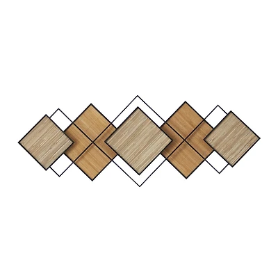 Brown Bamboo Wood Geometric Overlapping Diamond Home Wall Decor with Metal Wire