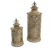 Brown Distressed Ornate Floral Candle Lantern Set