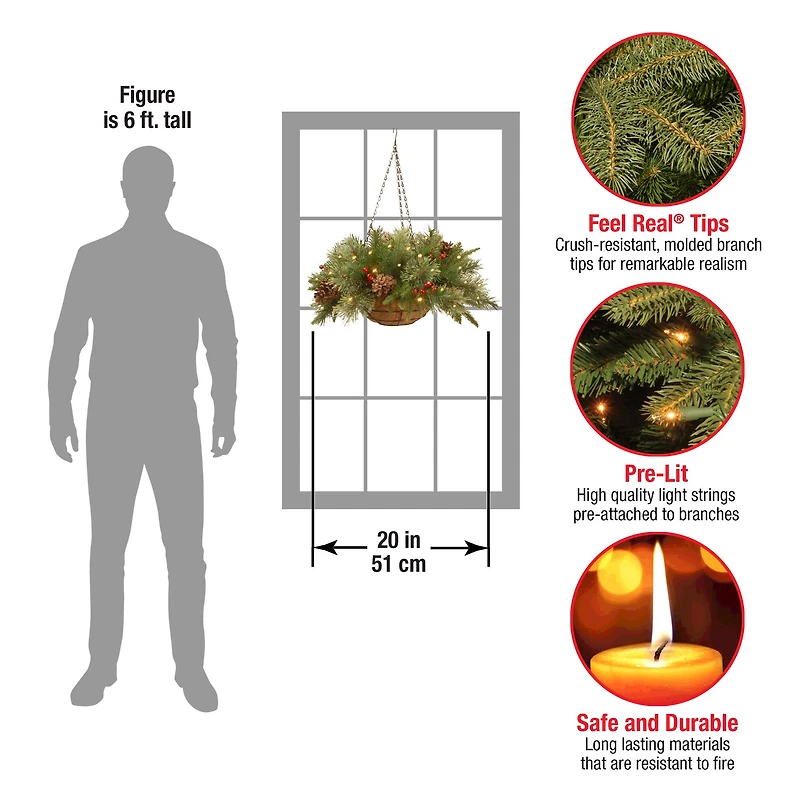 20" Pre-lit Feel Real® Colonial Artificial Christmas Hanging Basket with Cones, Red Berries &50 Warm White Battery Operated LED Lights w/Timer