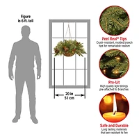 20" Pre-lit Feel Real® Colonial Artificial Christmas Hanging Basket with Cones, Red Berries &50 Warm White Battery Operated LED Lights w/Timer