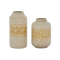 Set of 2 Beige Ceramic Boho Style Vase 9", 11"