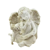 8.5" Heavenly Gardens Distressed Ivory Sitting Angel with Book & Friend Outdoor Garden Statue