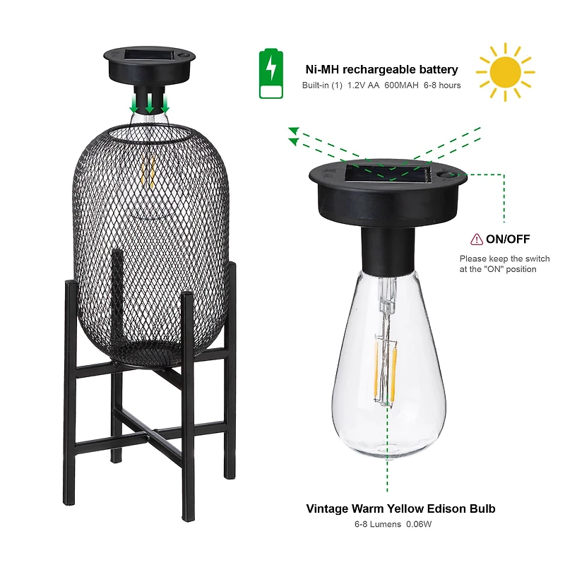 Glitzhome® 14.25" Metal Mesh Black Solar Powered Lantern with Stand, 2ct.