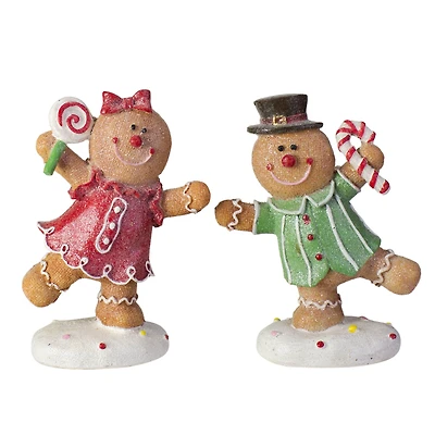 Set of 2 Glitter Dusted Boy and Girl Gingerbread Kids Tabletop Figures 6"