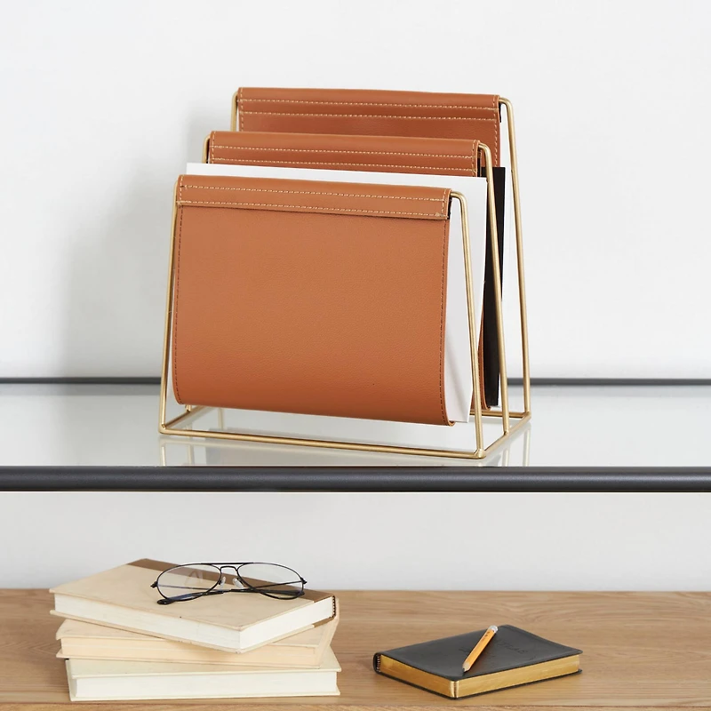 13" Orange Leather 3 Slot Magazine Holder with Gold Metal Frame