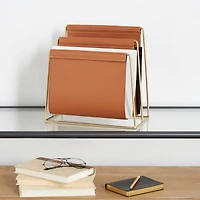13" Orange Leather 3 Slot Magazine Holder with Gold Metal Frame