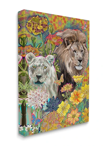 Stupell Industries Lion Couple Behind Tropical Florals Arabesque Pattern Canvas Wall Art