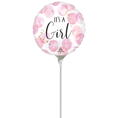 9" Baby Girl Pink Watercolor Stick Balloon