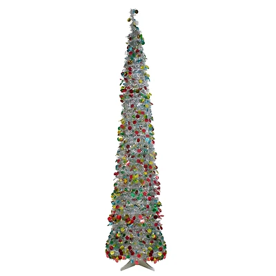 6ft. Pre-Lit Silver Tinsel Artificial Pop-Up Christmas Tree, Clear LED Lights