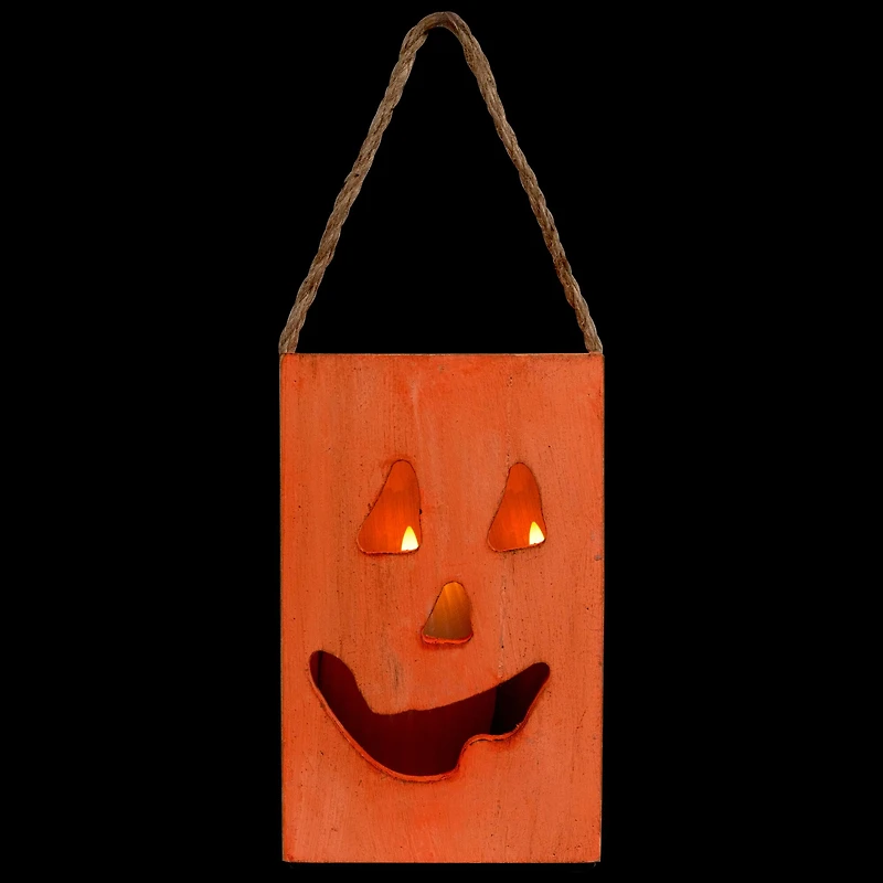 8" Large Orange Wood Jack-O-Lantern Halloween Candle Lantern