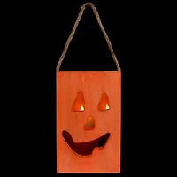 8" Large Orange Wood Jack-O-Lantern Halloween Candle Lantern