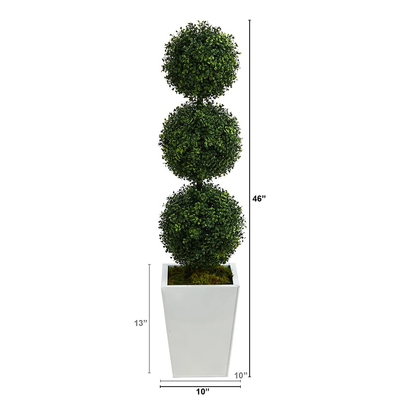 4ft. Boxwood Triple Ball Topiary Artificial Tree in White Metal Planter
