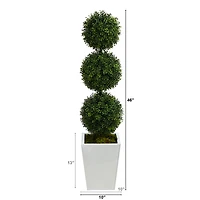 4ft. Boxwood Triple Ball Topiary Artificial Tree in White Metal Planter