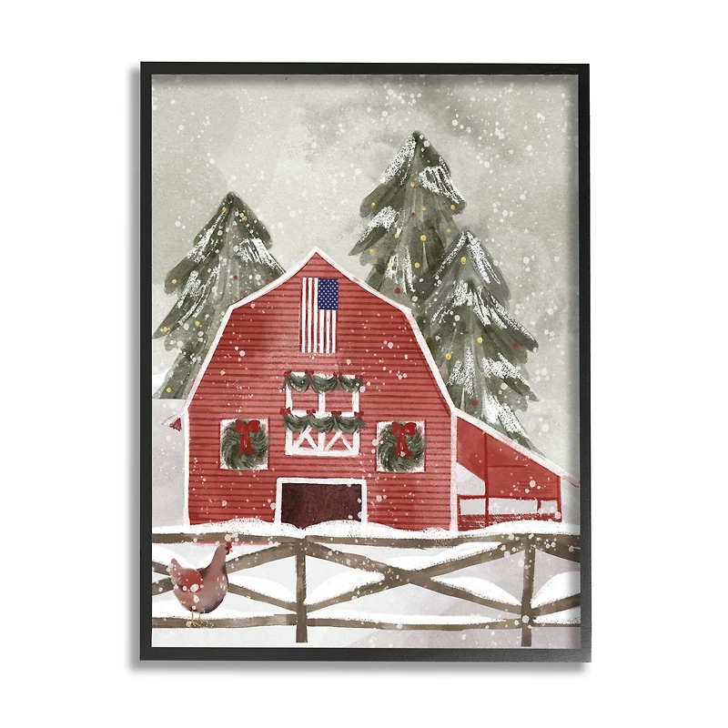 Stupell Industries Snowy Country Barn American Flag Framed Giclee Art