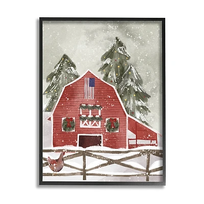 Stupell Industries Snowy Country Barn American Flag Framed Giclee Art