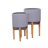 Gray Iron Contemporary Planter with Natural Legs Set