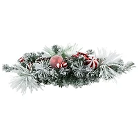Triple Candle Holder with Flocked Pine and Christmas Ornaments - 32" - Red and White